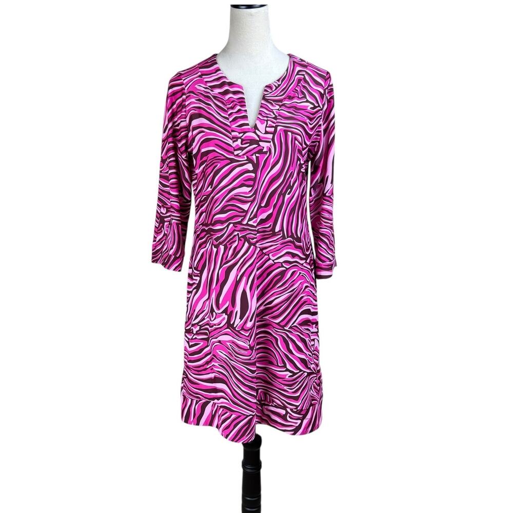 Jude Connally Pink Brown Tiger Print Pattern Satin Knee Length Dress
